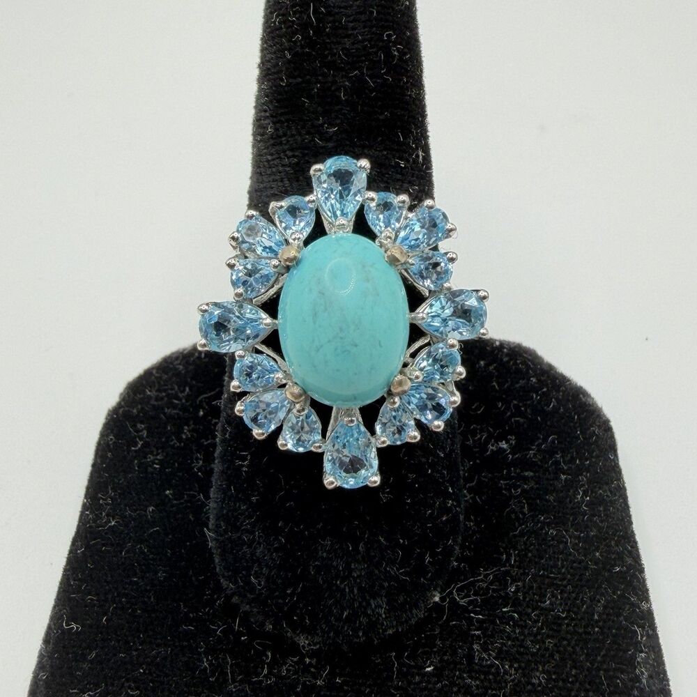 Sterling Silver Turquoise Blue Topaz Cluster Statement Ring Size 8 8.1g
